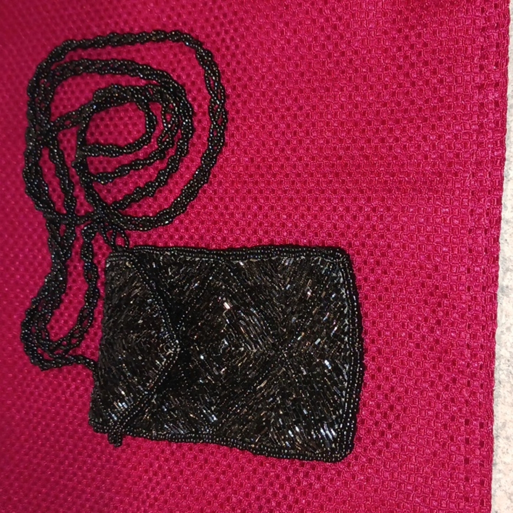 Vintage Black Beaded Purse long strap 5X3  strap 11in long. pocket snap closure